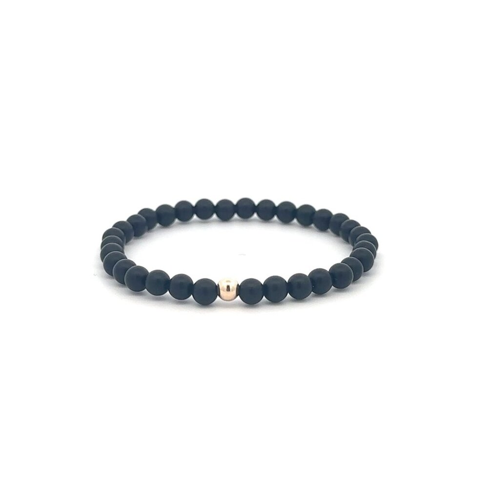 Gemstones Matte Onyx 4mm Stretchable Bracelet 14k Gold Bead Charm